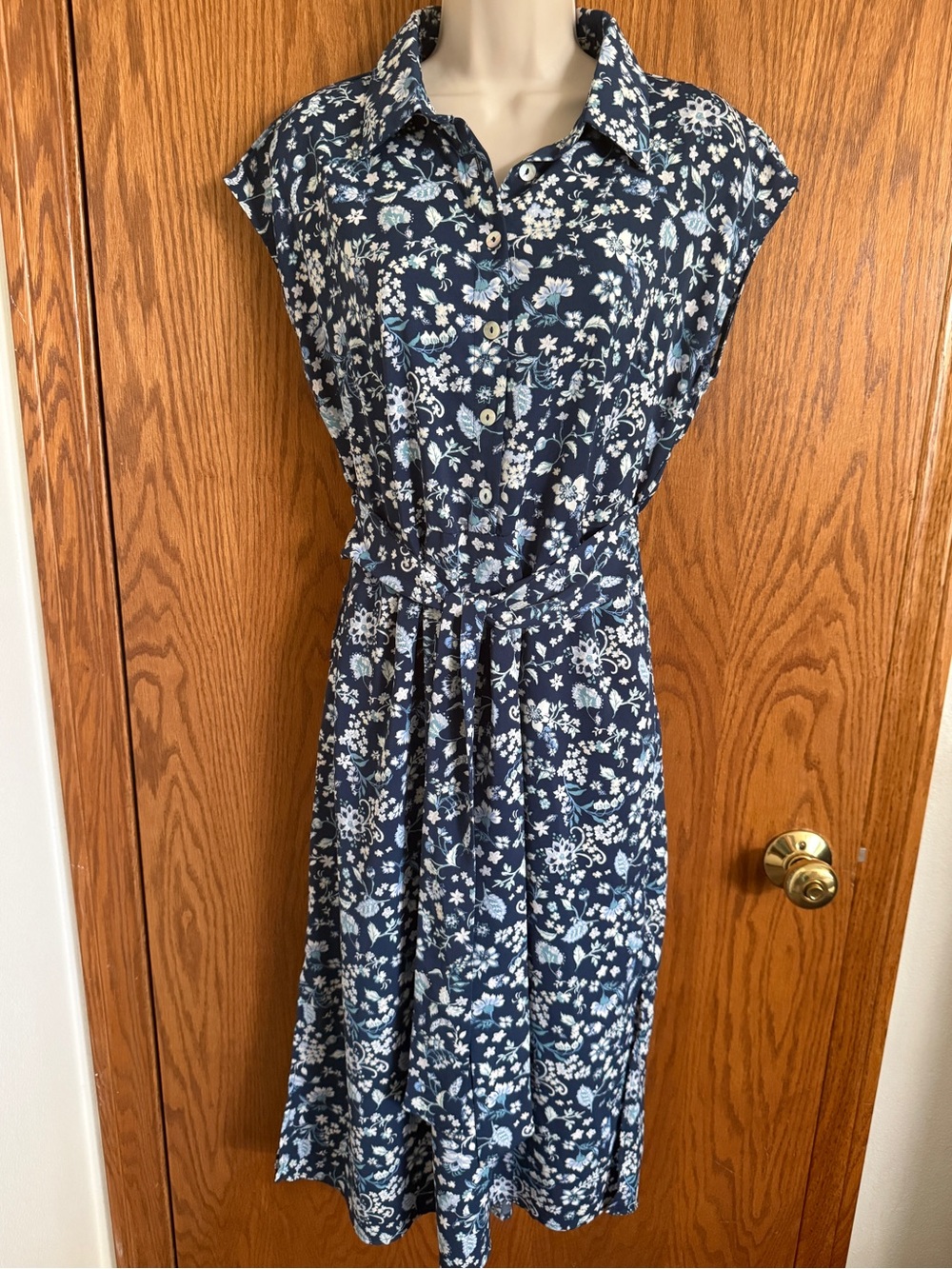 Lucky Brand Floral Button Front Midi Shirt Dress Ties Blue / White Women's Sz S